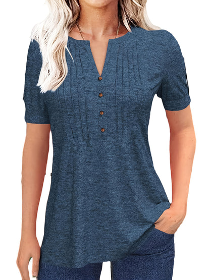 Casual Short-Sleeve T-Shirt for Women, Featuring a Pleated Design And V-Neck in Solid Colors, Perfect for Summer