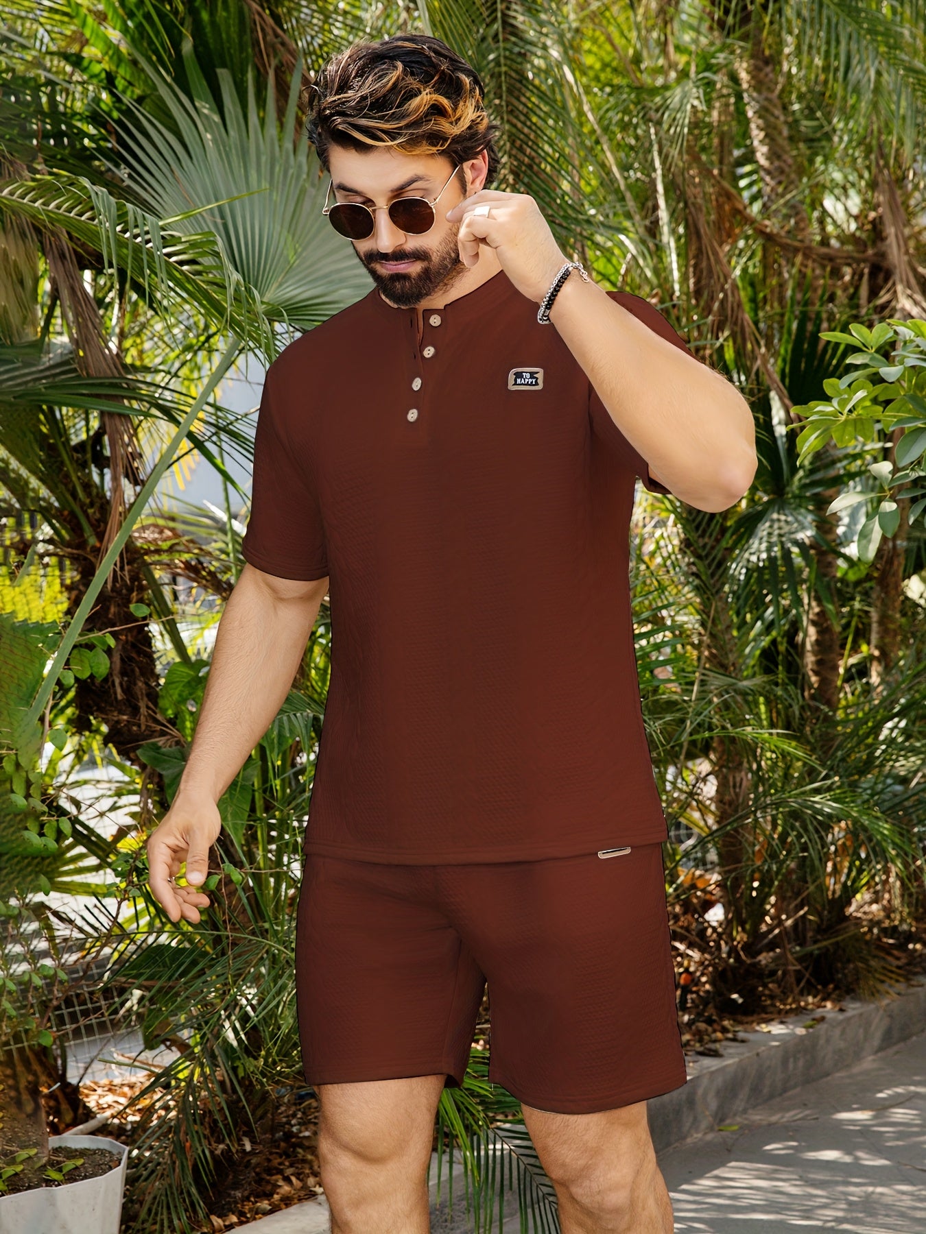 2pcs Men's Round Neck Short Sleeve Plain T Shirt And Front Tie Casual Shorts Set Men's Moisture Transferring Sports Short Sleeve Shorts Set