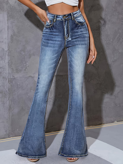 Fashionable And Versatile High-Waisted Stretchy Blue Flared Jeans for Women.