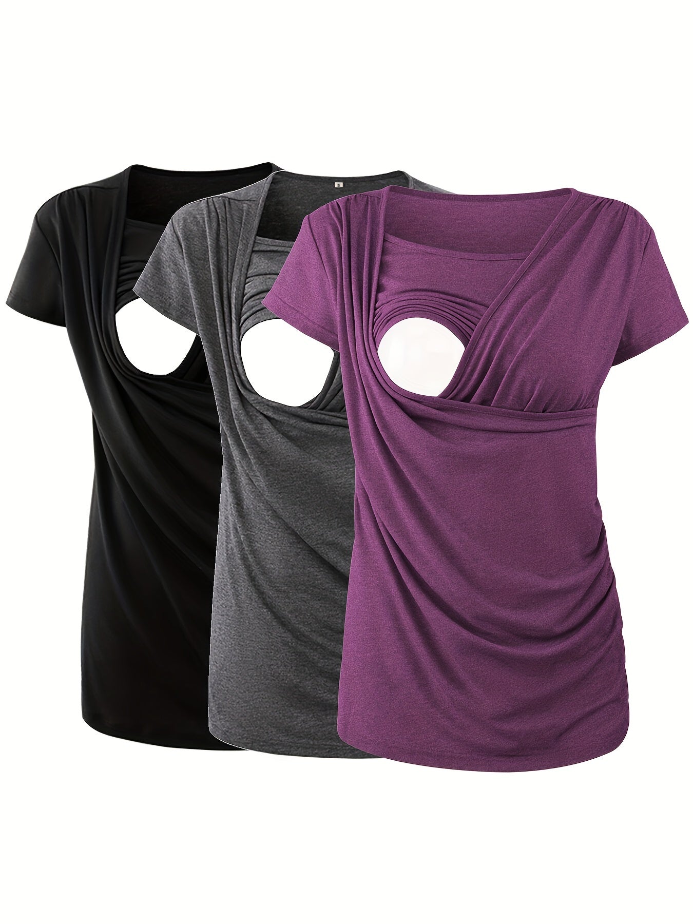 Set of 3 Women'S Short Sleeve Maternity Tops with Side Ruching for Breastfeeding