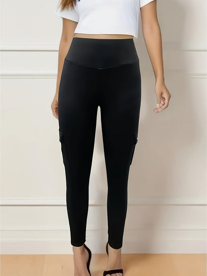 1pc High-Waisted Cargo Pocket Yoga Pants, Stretchy Skinny Sports Leggings, Quick-Dry Running Workout Pants, Butt Lifting, Street Style, Women's Fitness Trousers