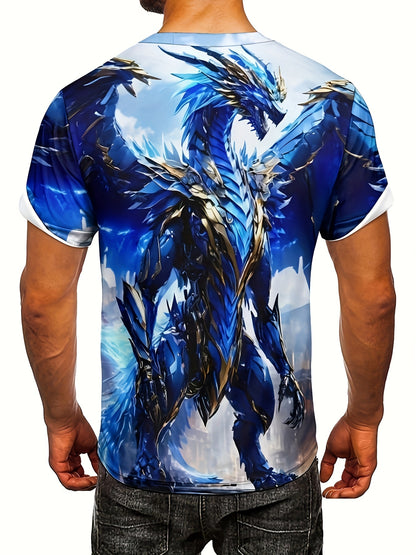 Wuwei Mechanical Blue Dragon 3D Pattern Printed Men's Graphic T-Shirt Comfort T-Shirt, Short Sleeve Pullover, Men's Summer Outdoor Clothing