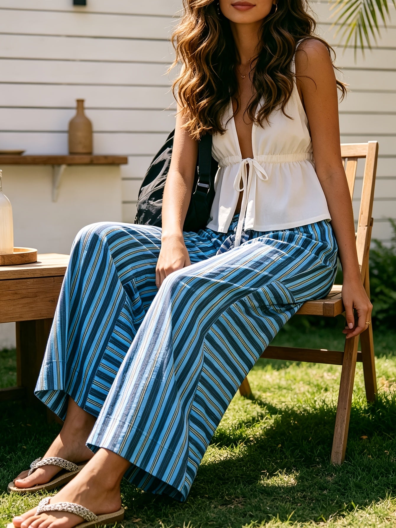 Women's Wide Leg Pants with Elastic Waist & Striped Drawstring - Striped Horizontal Stripes Trousers Suitable for Spring/Summer, Casual Lounge Pants with Side Pockets, Machine Washable Wide-Leg Trousers for Warm Weather