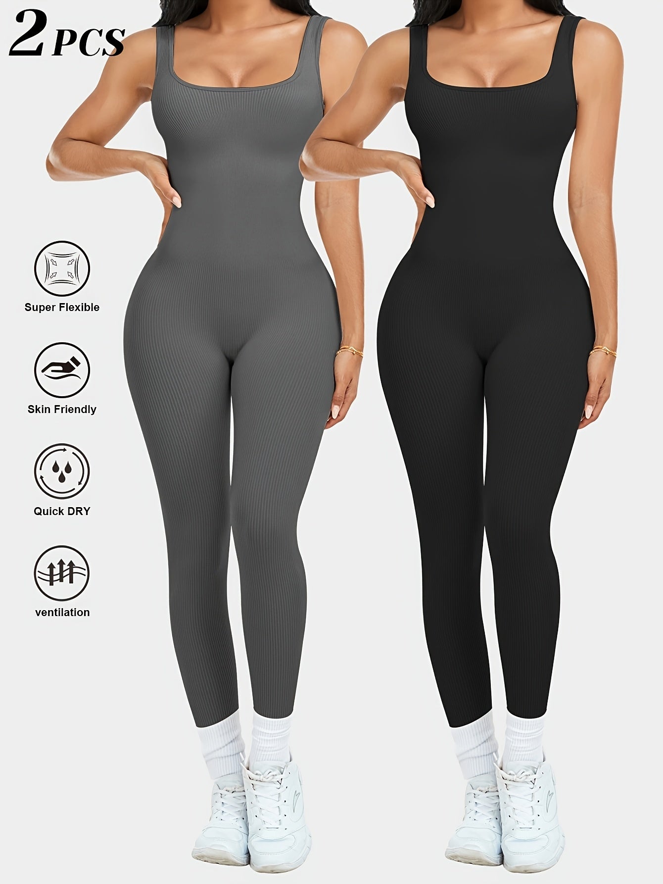 2pcs - Women'S Autumn And Winter Sleeveless Square Collar Long Jumpsuit, 90% Nylon And 10% Elastic Fiber Fabric Comfortable, Thick, Impermeable Washable And Reusable, Suitable For Any Activity Occasion, Exercise, Fitness, Pilates, Running, Yoga
