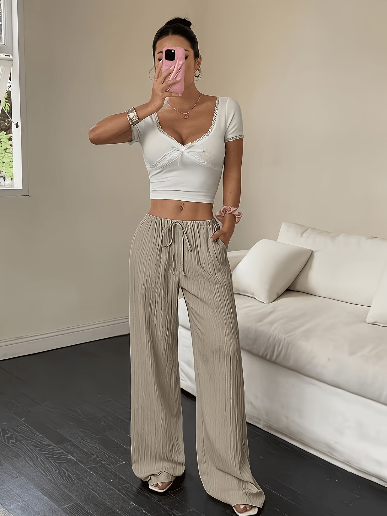 Women'S Elegant Wide-Leg Pants 2pcs Set - Non-Sheer Trousers, Machine-Washable Everyday And Formal Pants for Women, Suitable for Office, Parties, And Casual Wear - Unisex Base Layers for All Seasons, Party Outfits, Minimalist Design, Non-Sheer