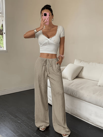 Women'S Elegant Wide-Leg Pants 2pcs Set - Non-Sheer Trousers, Machine-Washable Everyday And Formal Pants for Women, Suitable for Office, Parties, And Casual Wear - Unisex Base Layers for All Seasons, Party Outfits, Minimalist Design, Non-Sheer