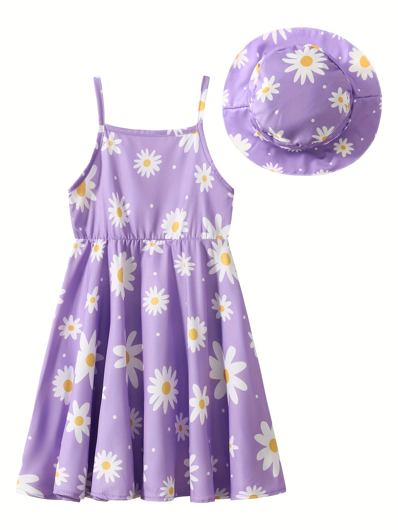 Summer Girls Flower Print Dress Children's Casual Dress Spring/Summer Popular Western Style Little Girl Fashion Versatile Casual Print Full Print Dress (including Hat)