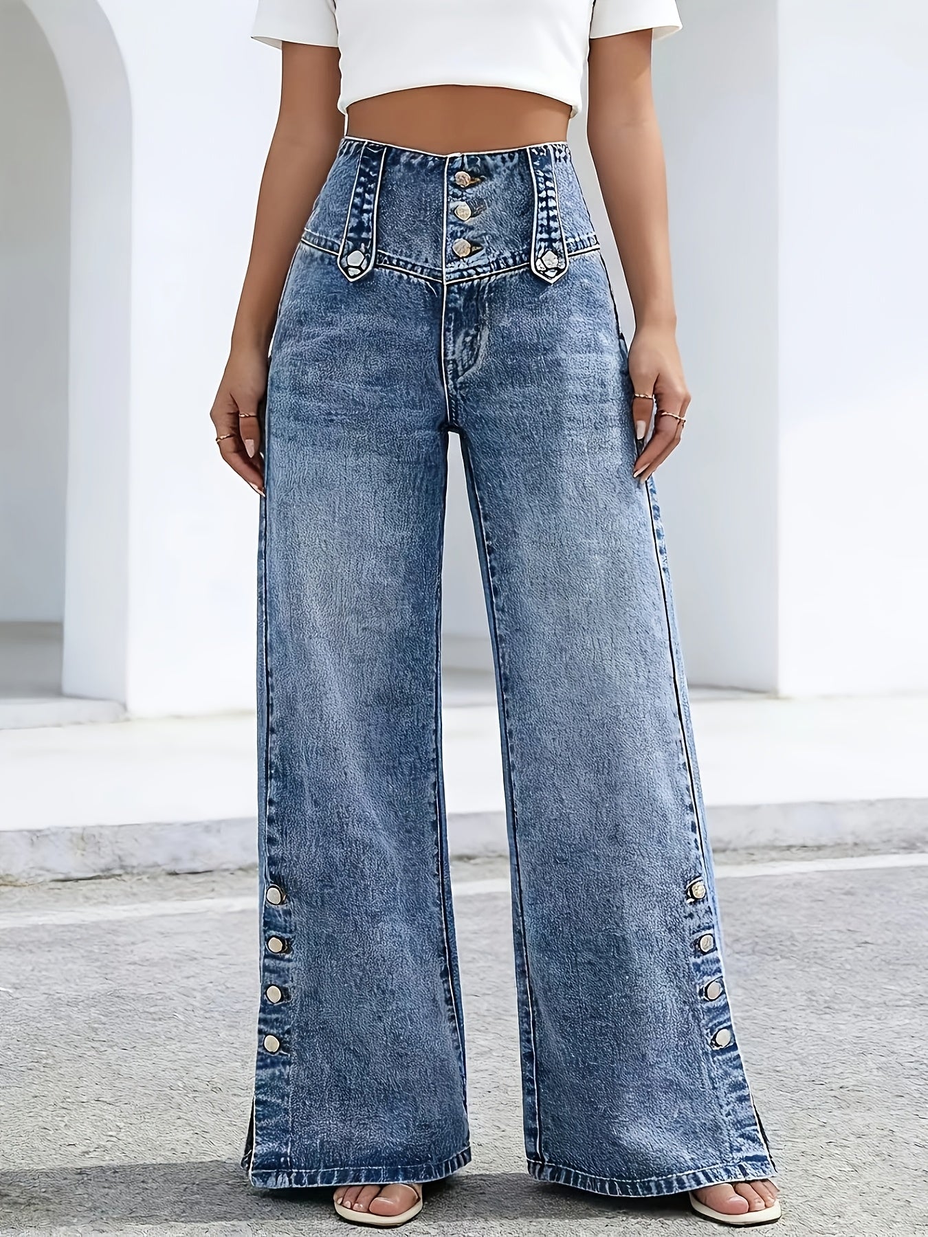 Women'S Casual Fashion Button-Waist Relaxed Fit Jeans Featuring an Open-Hem Design, Versatile for Multiple Occasions a Timeless, Year-Round Staple That Pairs Effortlessly with Any Outfit