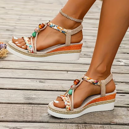 Women's Boho Braided Beaded Wedge Sandals, Local Warehouse 3-Day Delivery, Perfect for Beach Vacations & Home Leisure, Women Shoes