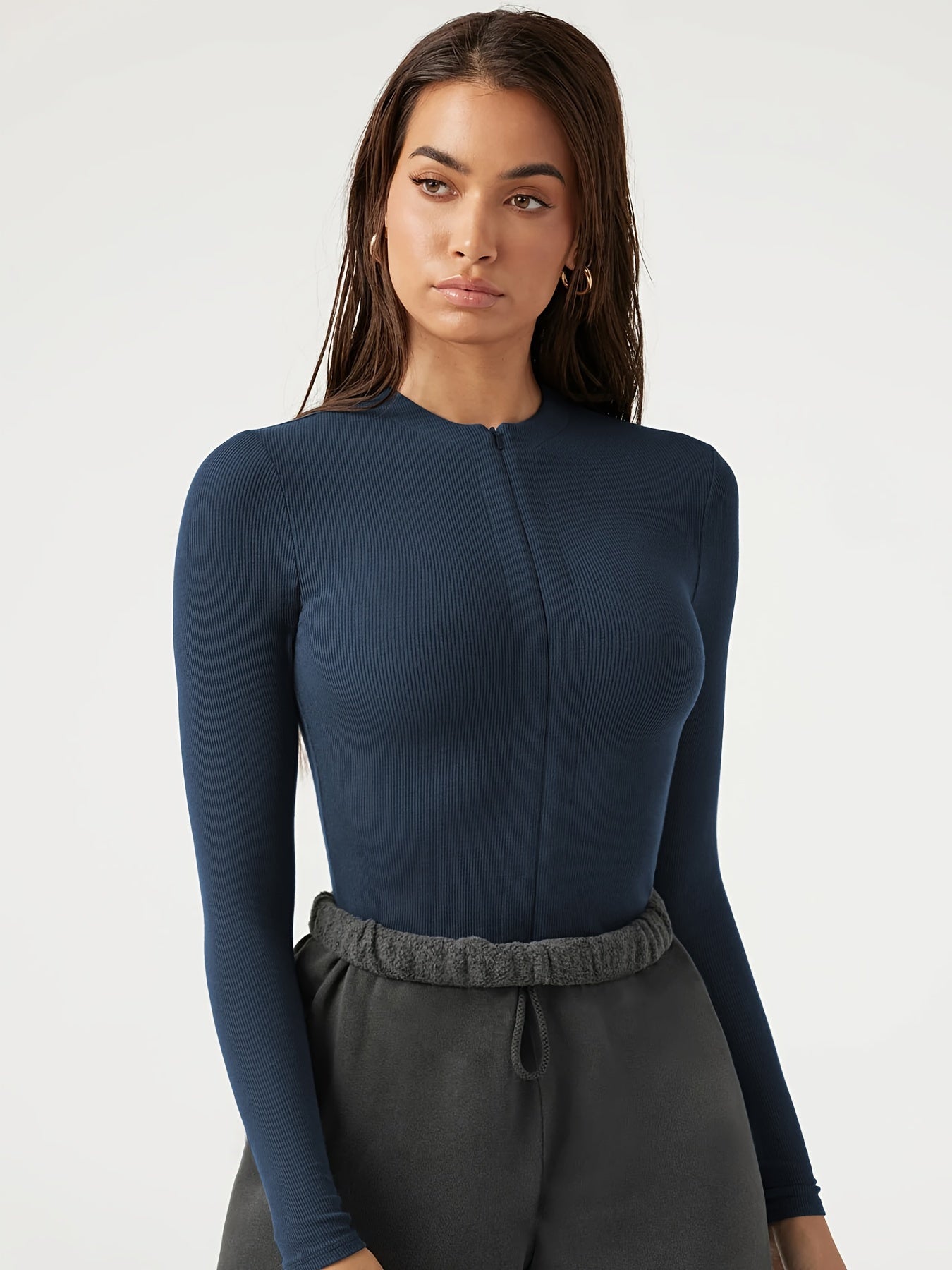 Zip Up V Neck Bodysuit, Sexy Long Sleeve Versatile Sportswear Bodysuit, Women's Clothing