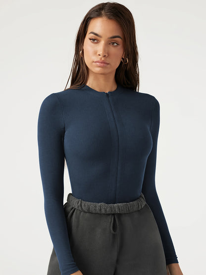 Zip Up V Neck Bodysuit, Sexy Long Sleeve Versatile Sportswear Bodysuit, Women's Clothing