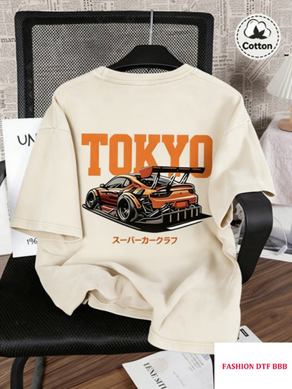 Spring And Summer Racing Pattern Men'S T-Shirt Top, Micro Elastic Fit, Washed with Water to Make Old, Breathable Black Round Neck Short Sleeved T-Shirt, Daily Casual Street T-Shirt Top
