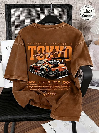 Spring And Summer Racing Pattern Men'S T-Shirt Top, Micro Elastic Fit, Washed with Water to Make Old, Breathable Black Round Neck Short Sleeved T-Shirt, Daily Casual Street T-Shirt Top