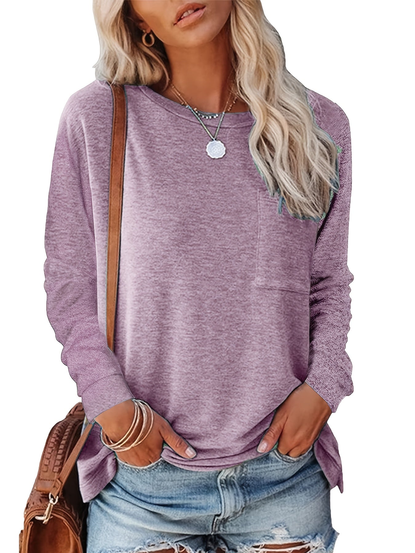 3 Long-Sleeved Solid-Color Round-Neck T-Shirts for Women with A Pocket on The Chest, Side Slits at The Hem, Tightened Cuffs, Made of Soft Material, Easy And Versatile, Suitable for Commuting And Going Out. 3 Random Colors of Women'S Top