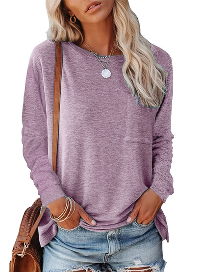 3 Long-Sleeved Solid-Color Round-Neck T-Shirts for Women with A Pocket on The Chest, Side Slits at The Hem, Tightened Cuffs, Made of Soft Material, Easy And Versatile, Suitable for Commuting And Going Out. 3 Random Colors of Women'S Top