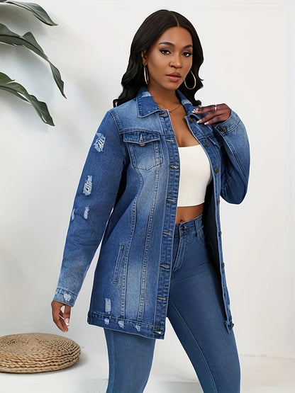 Women Fashion Solid Ripped Turn-down Collar Jean Jacket For Women Loose Casual Blue Fashionable Women Coats Female Outwear Denim Dark Blue Jacket For Women