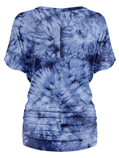 Women's Short Sleeve V Neck Tie-Dye Dolman Top w/Side Shirring