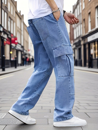 Men's Light Blue Denim Work Pants - Multi-Pocket Wide Leg Trousers Suitable for All- Outdoor Wear, Loose Fit High Street Style with Built-In Zipper Closure, Machine Washable Blended Denim for Casual & Work Pants