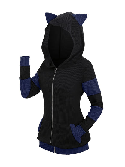 Women's & Cute Cat Ear Zip Hoodie - Anime Roleplay Costume with Pockets, Colorblock -Line Sweatshirt | Soft Warm Outerwear Suitable for Autumn/Winter Daily Wear, Machine Washable Cozy Streetwear