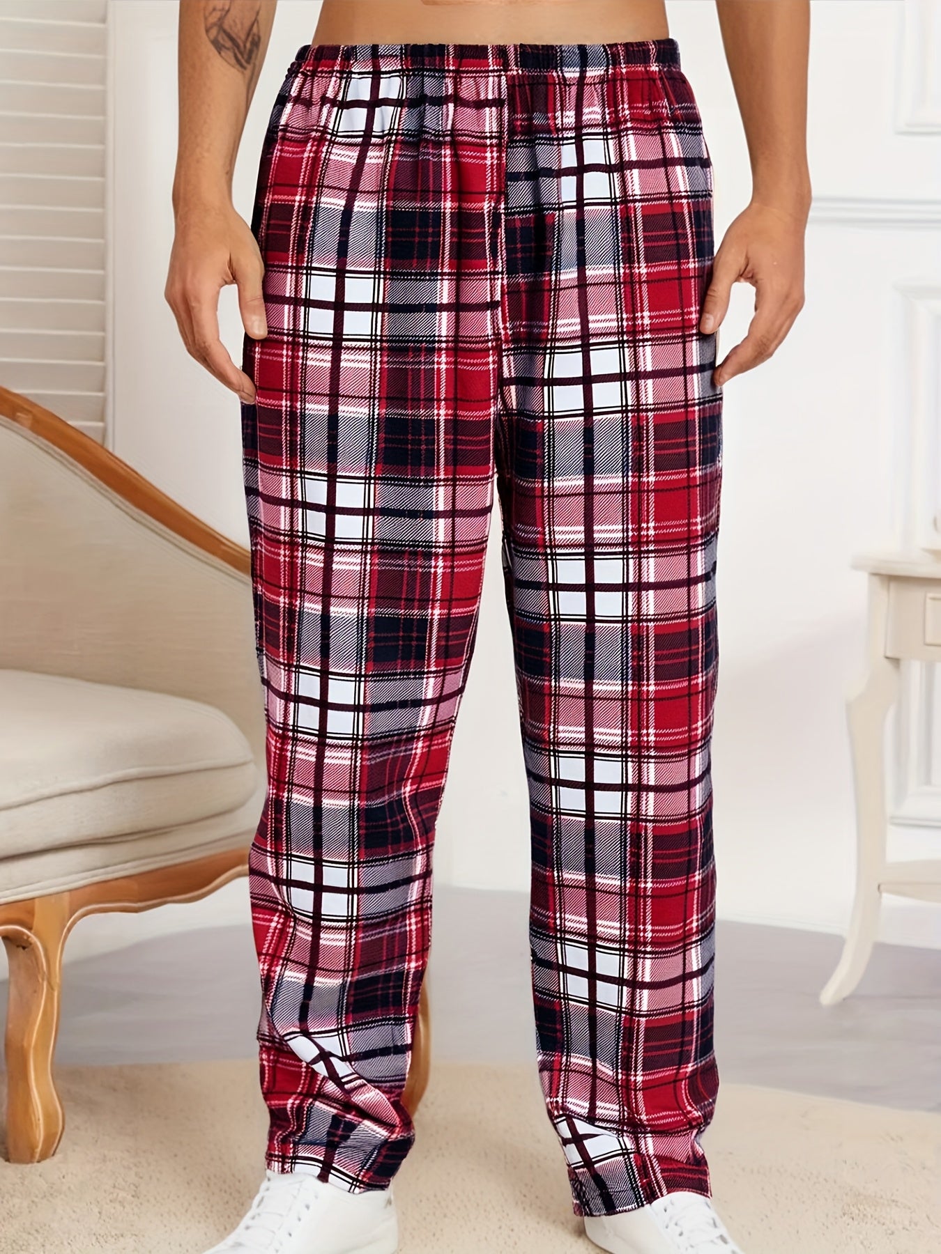 4pcs Set Sleep Pants Autumn and Winter Men's New Plaid Long Trousers Comfortable Lightweight Checkered Home Pants Loose Wearable 4-Strip Combination Elastic Waist Loungewear Soft Pants