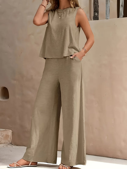 [Casual Pants Suit] Summer Casual Solid Color V-Neck Vest and Wide-Leg Pants Suit