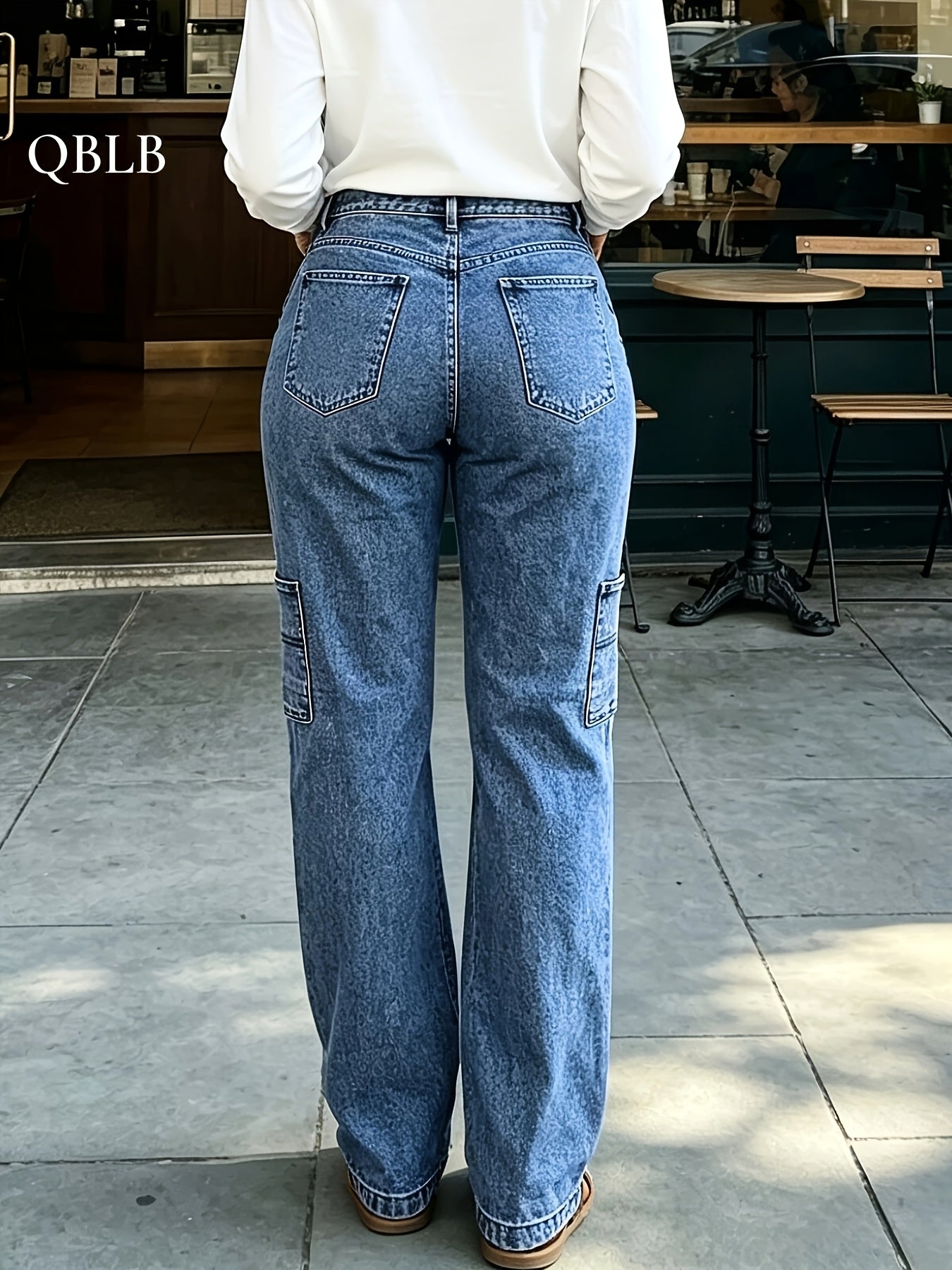 Women'S Mid to High Waist Multi-Pocket Line Splicing Cuffed Edge Jeans