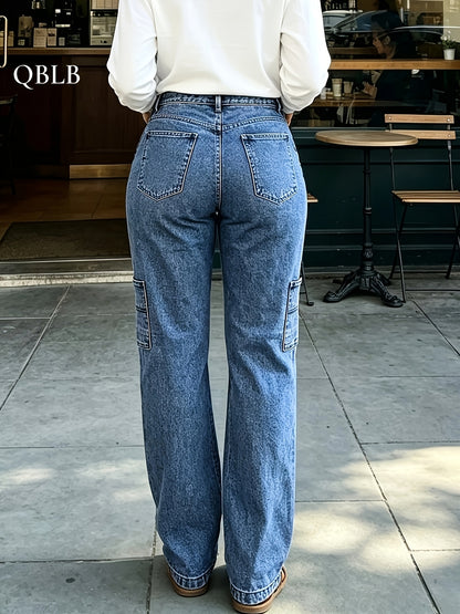 Women'S Mid to High Waist Multi-Pocket Line Splicing Cuffed Edge Jeans