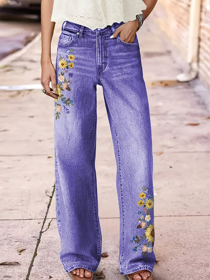 Women's High-Waisted Washed Embroidered Jeans - Straight Leg Pants with Beltless Design, Stretch & Machine Washable for All-Season Wear (Casual & Dressy)