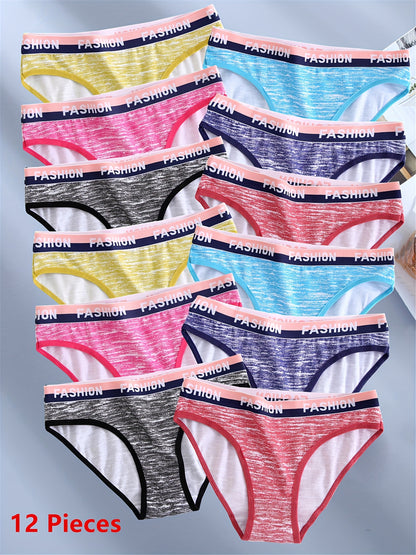12pcs Camo Print Briefs for Women, Breathable Letter Print Sexy Panties Women's Colorful Striped Underwear Set