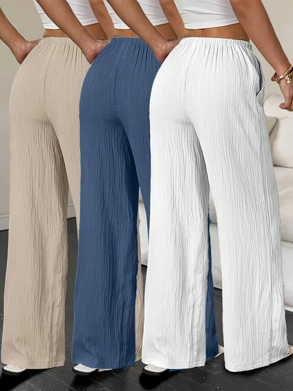 3pcs Elegant Ladies' Pants Set - Elegant Casual Solid Color Wide Leg Trousers, Versatile High-Waisted Pants for Spring & Summer, Perfect for Daily Wear And Vacation, Summer Vacation Beach Flowy Trousers with Pockets