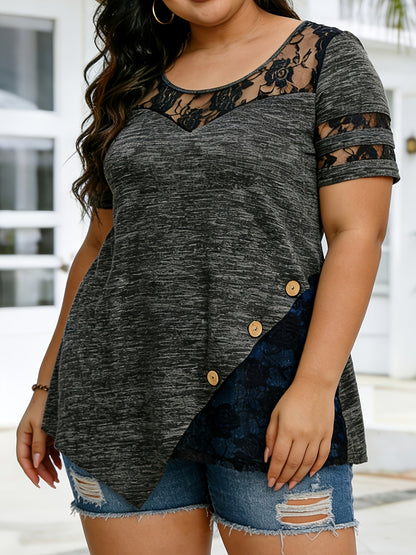 Plus Size - Plus Size - Women'S Plus Size Lace Trim Blouse Tops, Flattering V-Neck Tunic Shirt, Casual Dressy Elegant Tops, Flowy Tunic Top with Lace Sleeves, Comfort Stretch Blouse for Women, Loose Fit Shirt, Sizes XL-5X