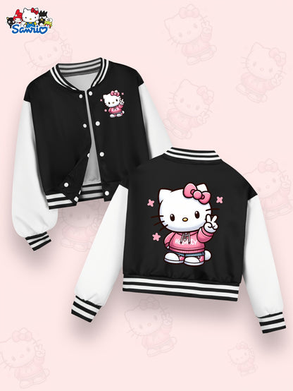 Sanrio Hello Kitty Girls' Cute Kawaii Jacket - Double-Sided Hello Kitty Print Varsity Coat with Button Closure, Warm Winter Outerwear Suitable for, Playdates & Themed Parties (Iconic KT Character)