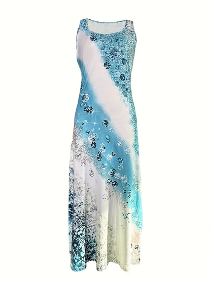 Floral Printed Sleeveless Dress; Casual Holiday Round Neck Long Dress for Women'S Spring And Summer Clothing
