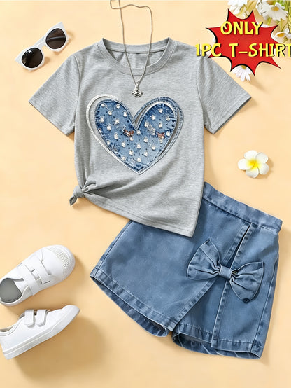 [Girls' Heart Print T-Shirt] Single-Pc T-Shirt (One T-Shirt Solely) - Girls' Short-Sleeve T-Shirt With Heart Print. This Single-Piece T-Shirt Is Suitable For Spring And Summer Vacations, Beach Parties, Birthday Celebrations, School Outings