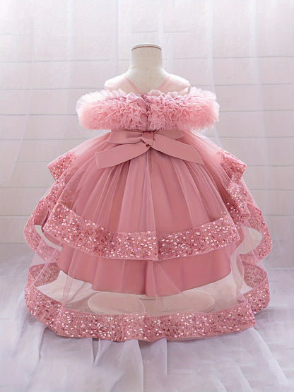 Kids Toddler Baby Girls Tulle Ball Gown Shiny Sequins Round Neck High Low Party Dresses for Birthday Wedding Dress