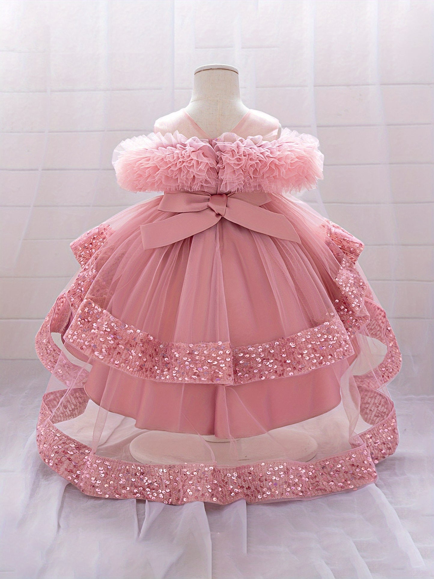 Kids Toddler Baby Girls Tulle Ball Gown Shiny Sequins Round Neck High Low Party Dresses for Birthday Wedding Dress