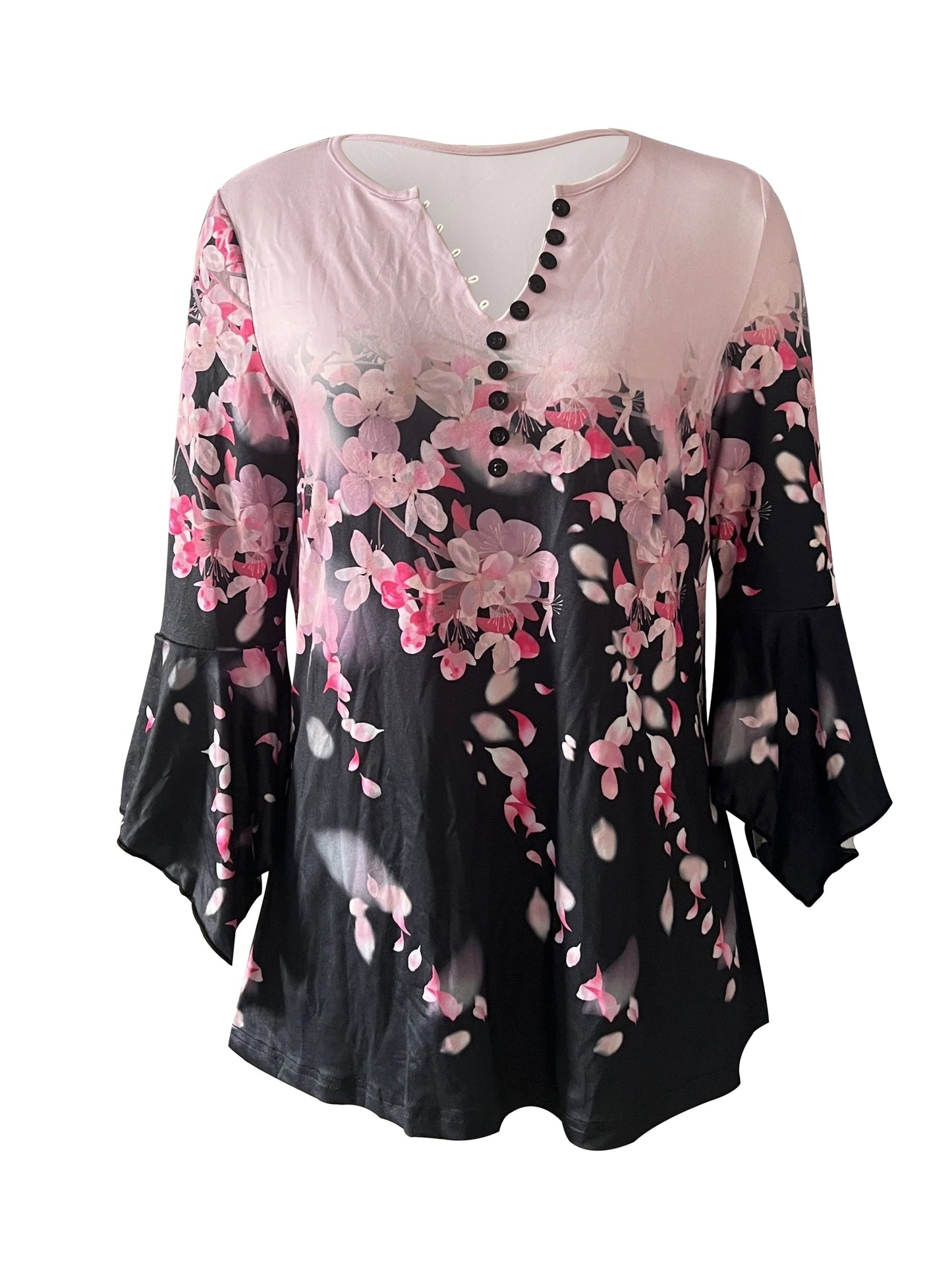 Spring And Autumn New Style Printed Button Irregular Three Quarter Sleeve T-Shirt Casual Top