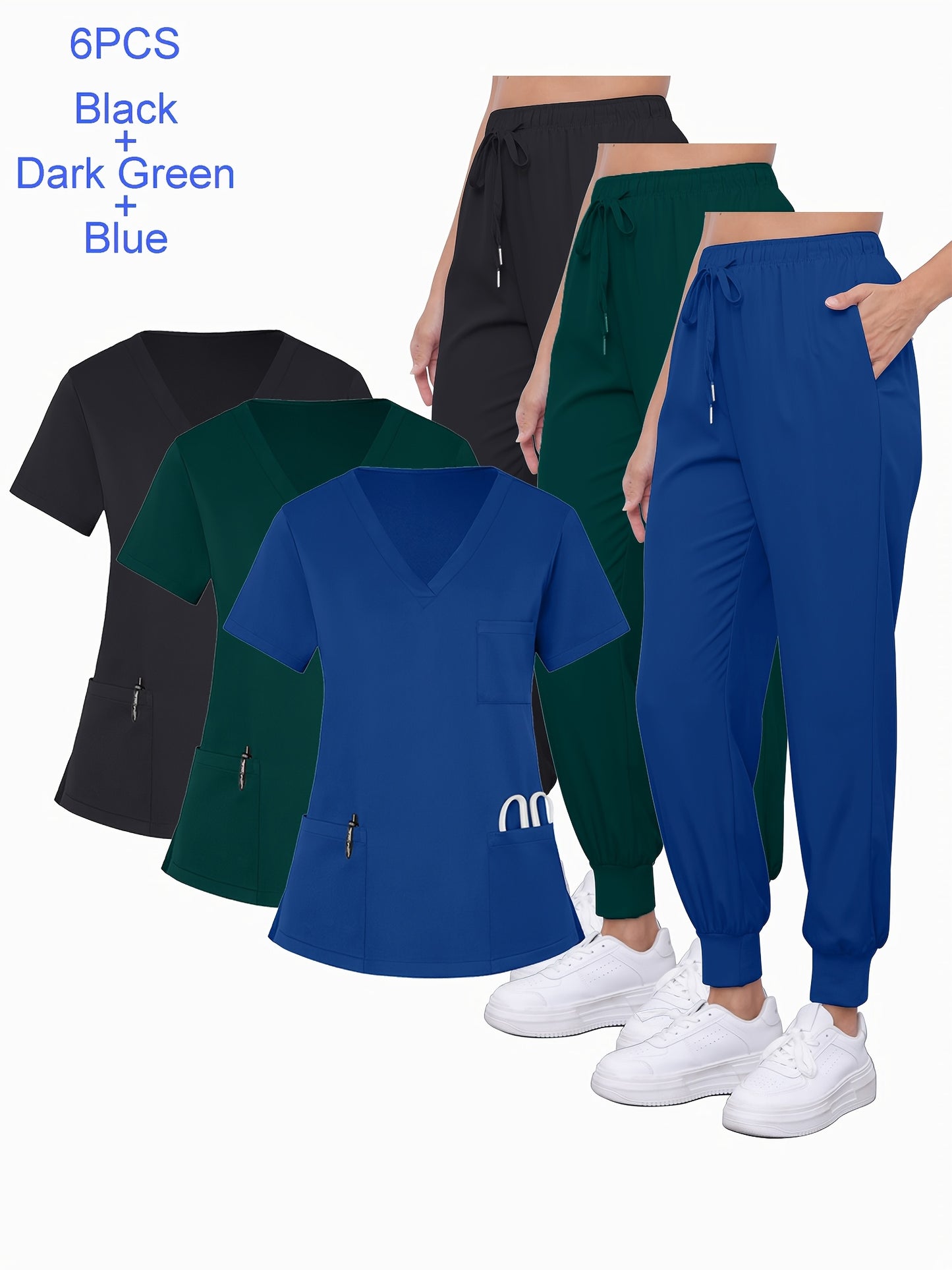 6pcs Set of Women'S V-Neck Matte Breathable Uniform Pocket Hand Washing Work Clothes Brush Hand Clothes Tying Feet Pants Set