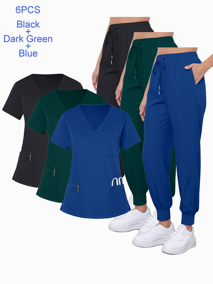 6pcs Set of Women'S V-Neck Matte Breathable Uniform Pocket Hand Washing Work Clothes Brush Hand Clothes Tying Feet Pants Set