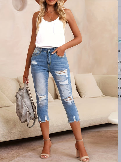 Women's High-Waisted Stretch Denim Capri Pants - Mid-Rise Slim Fit Straight-Leg Ripped Jeans with Distressed Details, Machine Washable Streetwear Style for All-Season Casual Wear