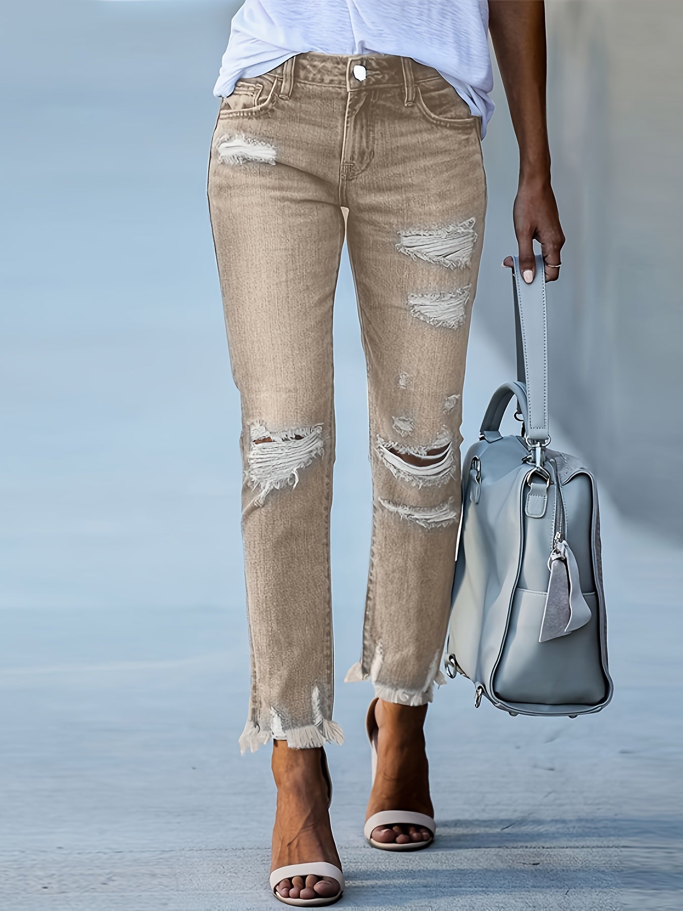26AW Women's Elastic Khaki Vintage Multi-Purpose Casual Fashion-Elegant Waistband Pocket Machine Washable Durable Slim Fit Hole-Rounded Flowing Fringe Short A-Line Denim Pants Street Trendy Style