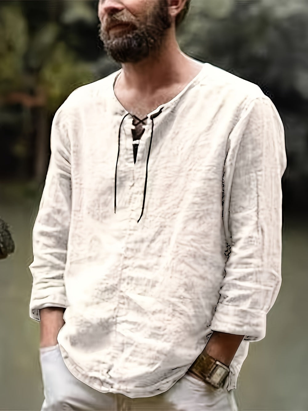 Men's Lace Detail Casual Shirt - V-Neck Long Sleeve