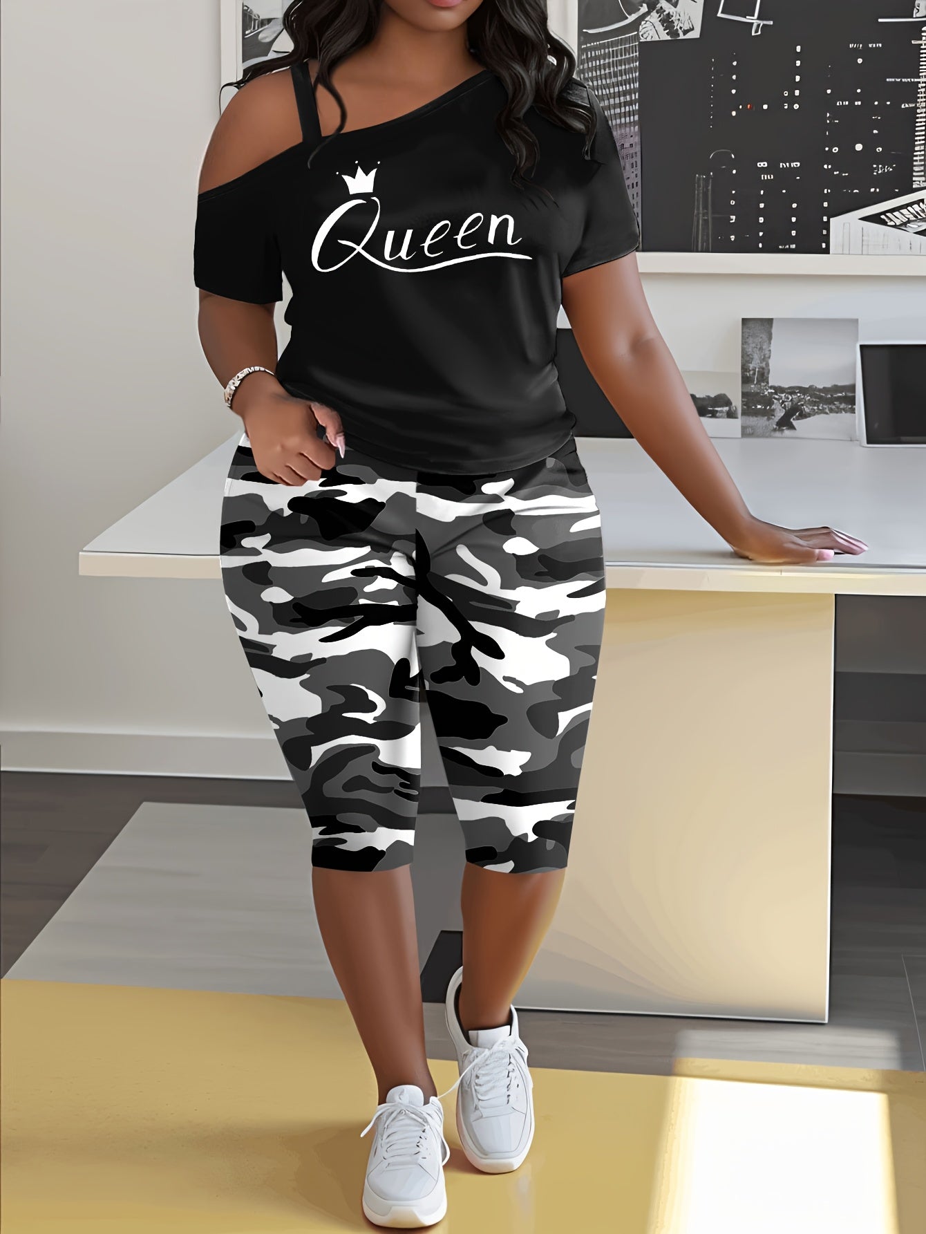 Plus Size - Ladies Plus Size Daily Casual One-Shoulder Short Sleeve Two-Piece Outfit, Diagonal Shoulder Design, Slim Fit Camouflage Pants Suit With Letter Print.