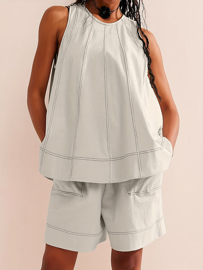 Womens 2pcs Outfits Sleeveless Matching Sets A Line Tank Tops Contrast Stitching High Waist Shorts with Pockets