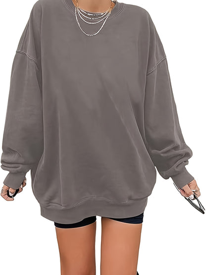 Women's Oversized Long Sleeve Sweatshirts Pure Color Round Neck Casual Pullover Shirt
