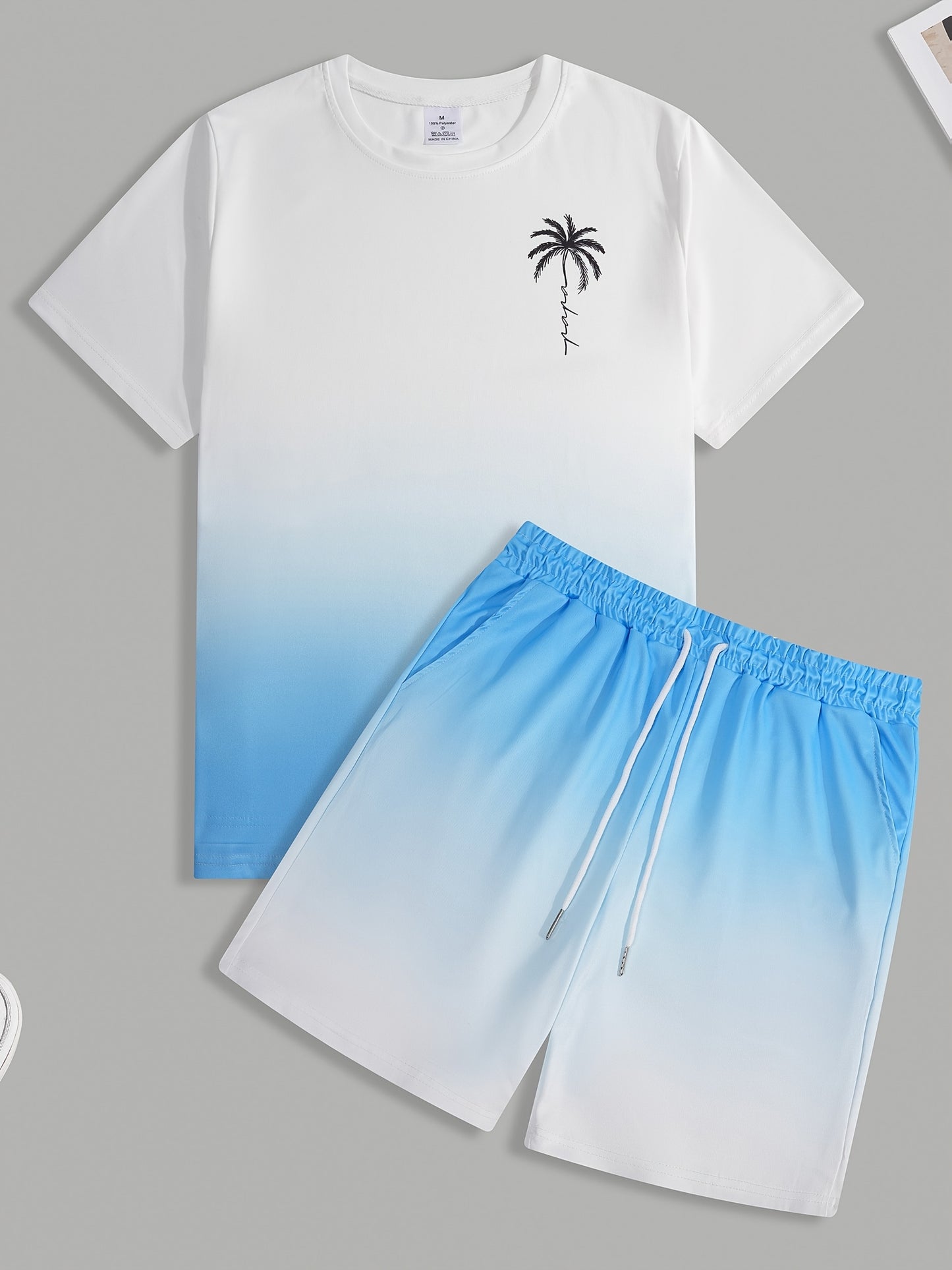 Men's stylish sportswear two piece set, casual crew neck t-shirt and shorts, 100% polyester, full coverage print, slight stretch, regular fit, summer sweatshirt