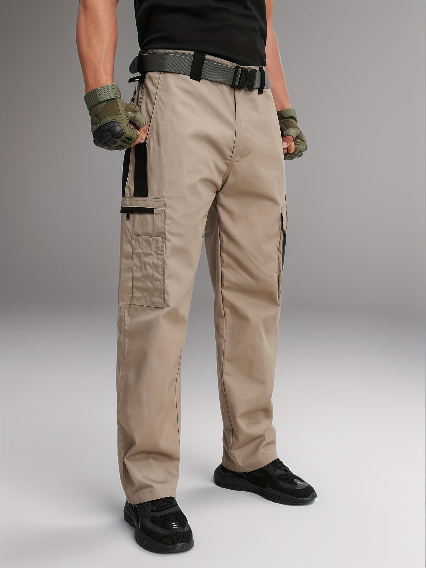 2-PCSMen's Lightweight Tactical Overalls - Durable, Breathable, Quick Dry Polyester with Multiple Pockets for Outdoor Adventures, Hiking And Work (Belt Included), All Season Pants | Relaxed Fit Pants | Hardwearing Outdoor Wear, Hiking Pants