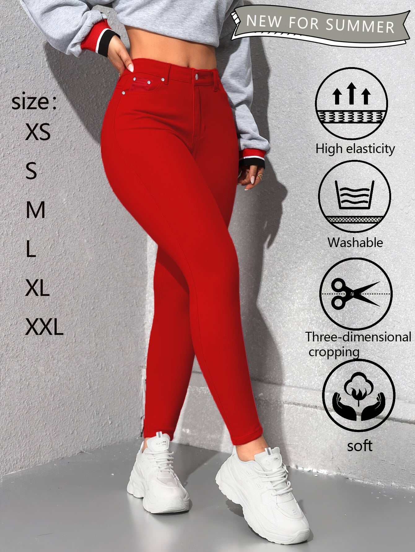 Womens Red High Waisted Skinny Jeans with Multiple Rivet Details High Elasticity Stretch Denim Pants Tummy Control Slim Fit Booty Lifting Design Soft Comfortable Machine Washable Summer New Arrival Casual Casual Attire Versatile Wardrobe Essential