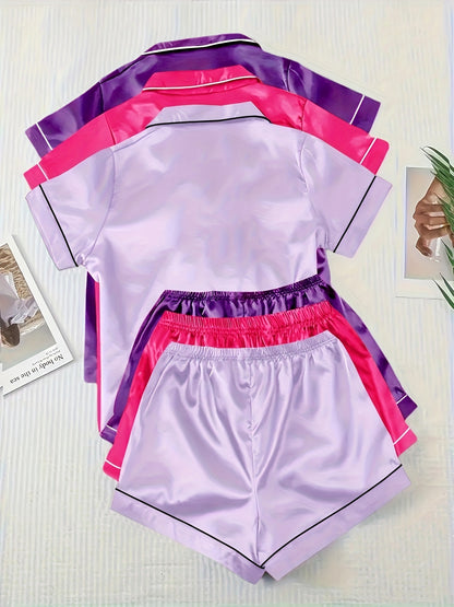 Casual, Fashionable, and Comfortable 6pcs Set in 3 Colors: Solid, Plain, Satin, and Satin Trim Short-Sleeve Shirt & Elastic Waist Shorts Pajama Set