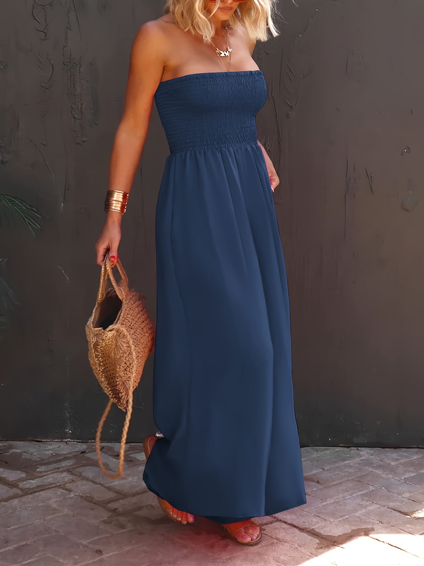 Womens Sleeveless Strapless Wide Leg Jumpsuits Summer Casual Loose Smocked Chiffon Jumpsuit Rompers with Pockets
